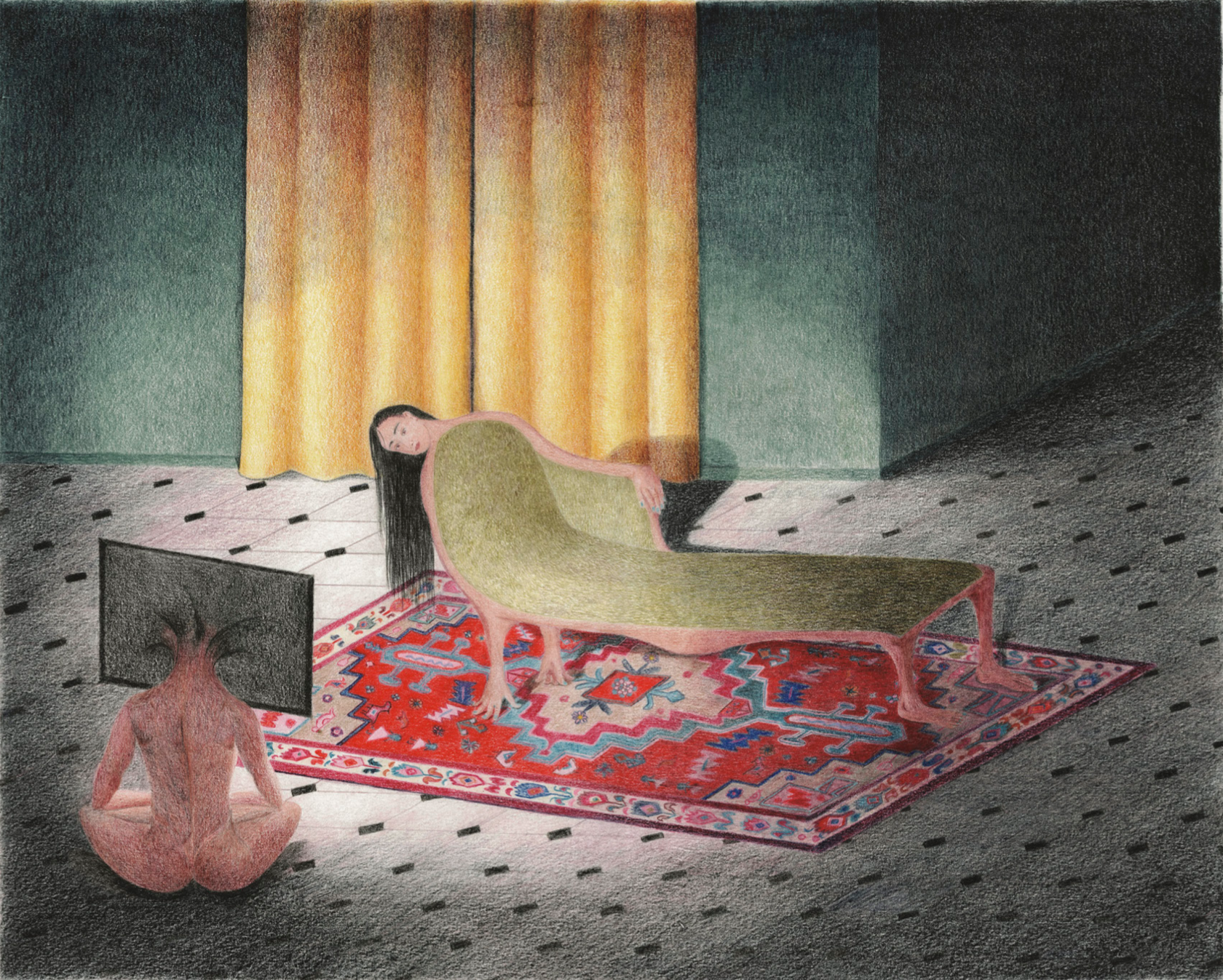 Gael Sillere, Binge-Watching, Crayons lightfast sur papier, 40x50cm, 2024