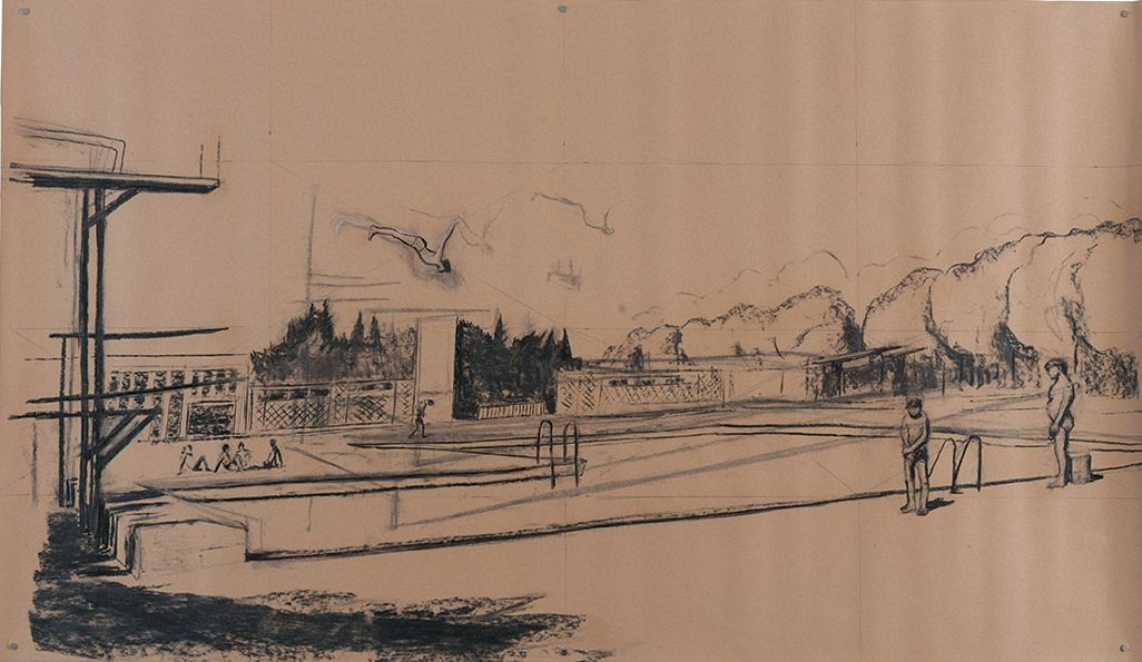 Muriel Toulemonde, Piscine Municipale, Dessin au fusain sur papier craft, 90x150cm, 2024