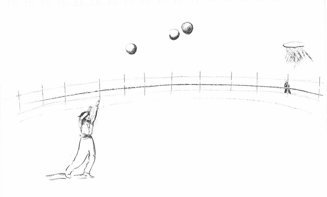 Toulemonde, Sans-titre (3 ballons) 2023 Dessins au fusain sur papier canson, 90 x 150 cm